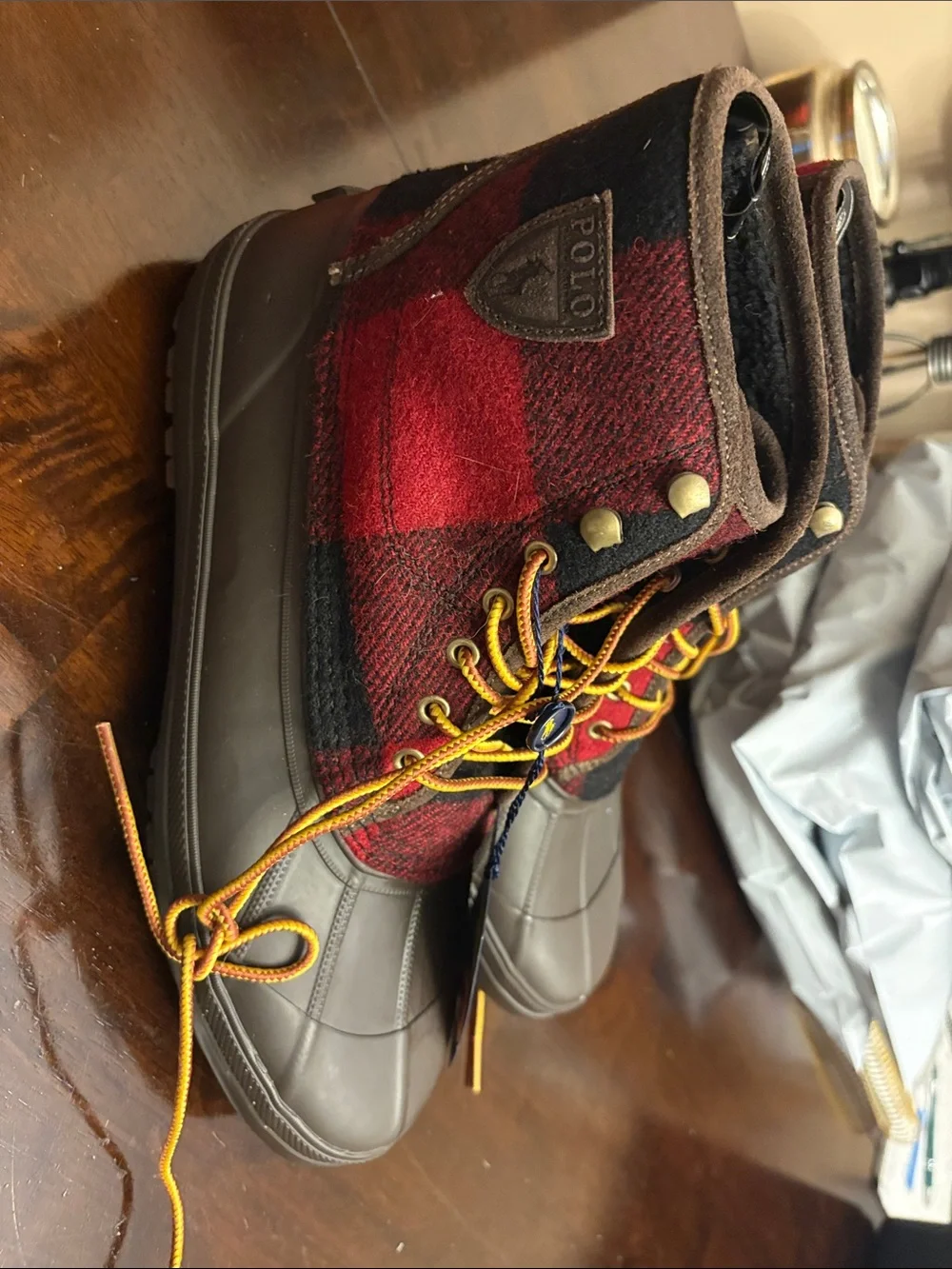 Polo by Ralph Lauren Red Plaid & Brown Rubber Duck Boots